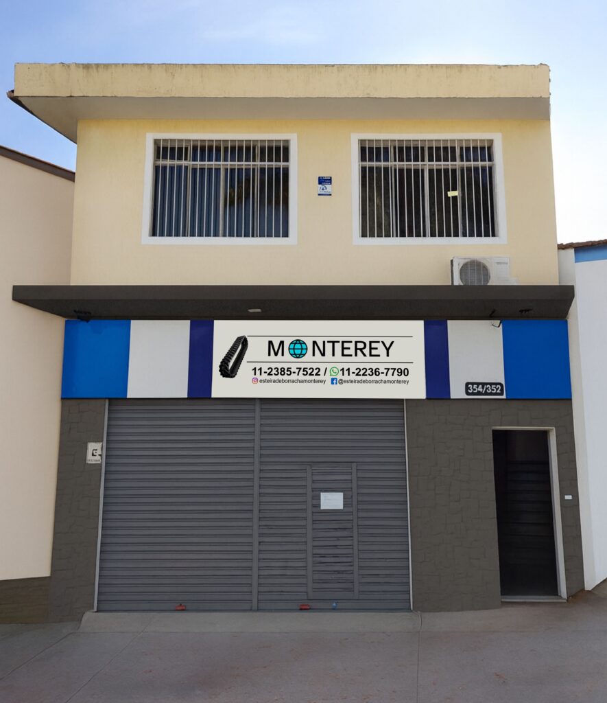 Fachada da loja Monterey Trade em São Paulo, especialista em esteiras de borracha resistentes para mini escavadeiras e perfuratrizes de diversas marcas.
